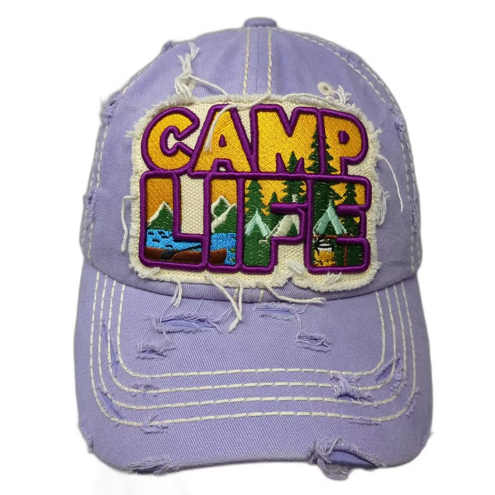 4350 District Camp Life Purple Baseball Cap One Size Distressed Embroidered Hat